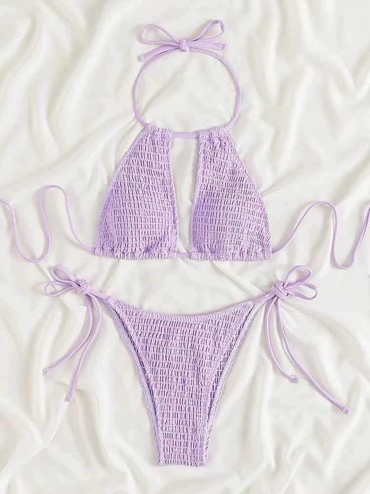 Gesmokter Bikini für Damen - Badebekleidung mit hohlem Ausschnitt und Krawatte