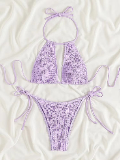 Gesmokter Bikini für Damen - Badebekleidung mit hohlem Ausschnitt und Krawatte
