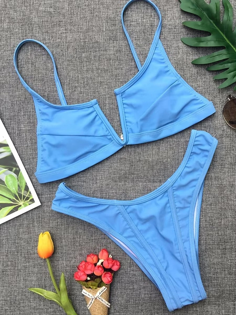 V-förmiges Denim-Bikini-Set für Damen - Zweiteilige Tanga-Bademode