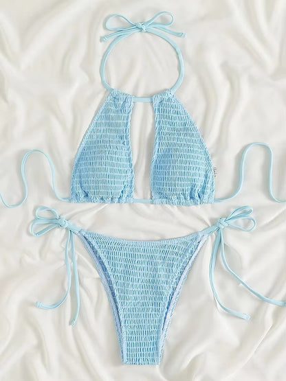 Gesmokter Bikini für Damen - Badebekleidung mit hohlem Ausschnitt und Krawatte