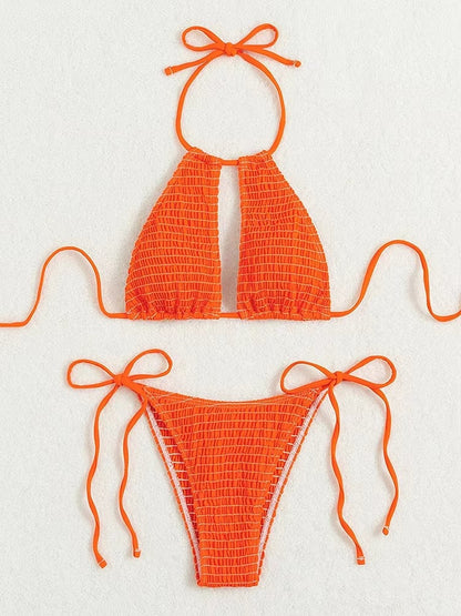 Gesmokter Bikini für Damen - Badebekleidung mit hohlem Ausschnitt und Krawatte