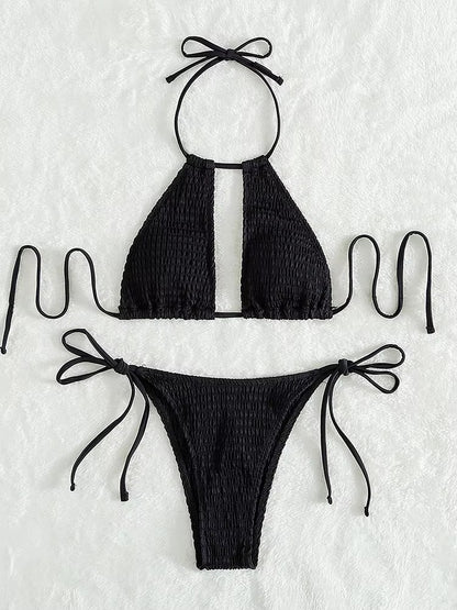Gesmokter Bikini für Damen - Badebekleidung mit hohlem Ausschnitt und Krawatte