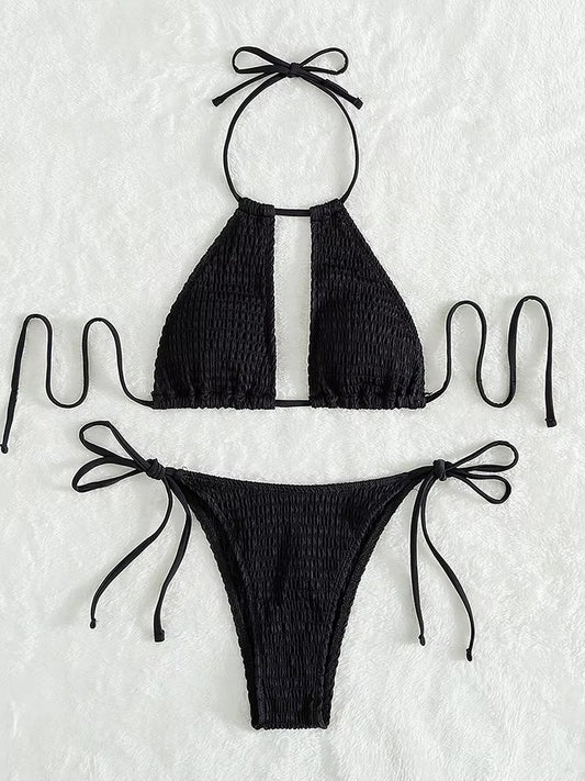 Gesmokter Bikini für Damen - Badebekleidung mit hohlem Ausschnitt und Krawatte